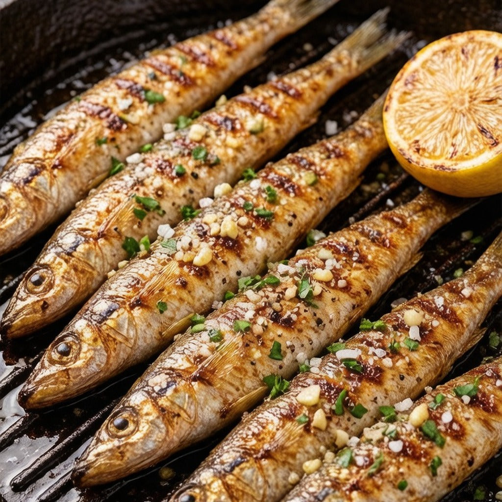 Whole sardines grilling on a hot grate with charred lemon halves and chopped herbs