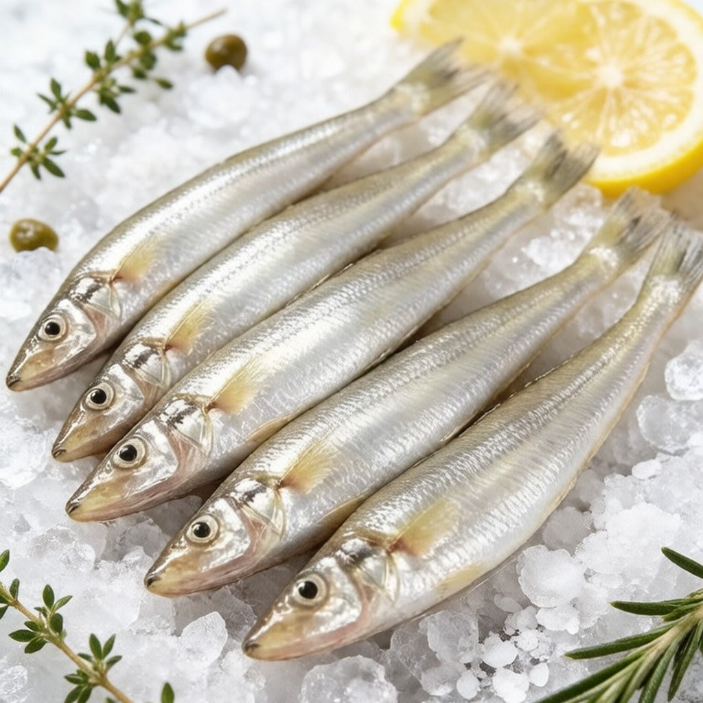 Sardines resting on crushed ice with lemon slices, thyme and rosemary