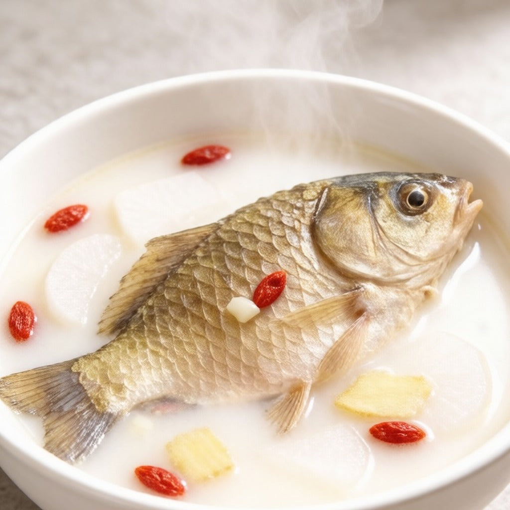 Whole crucian carp simmering in a milky-white fish soup with goji berries and ginger