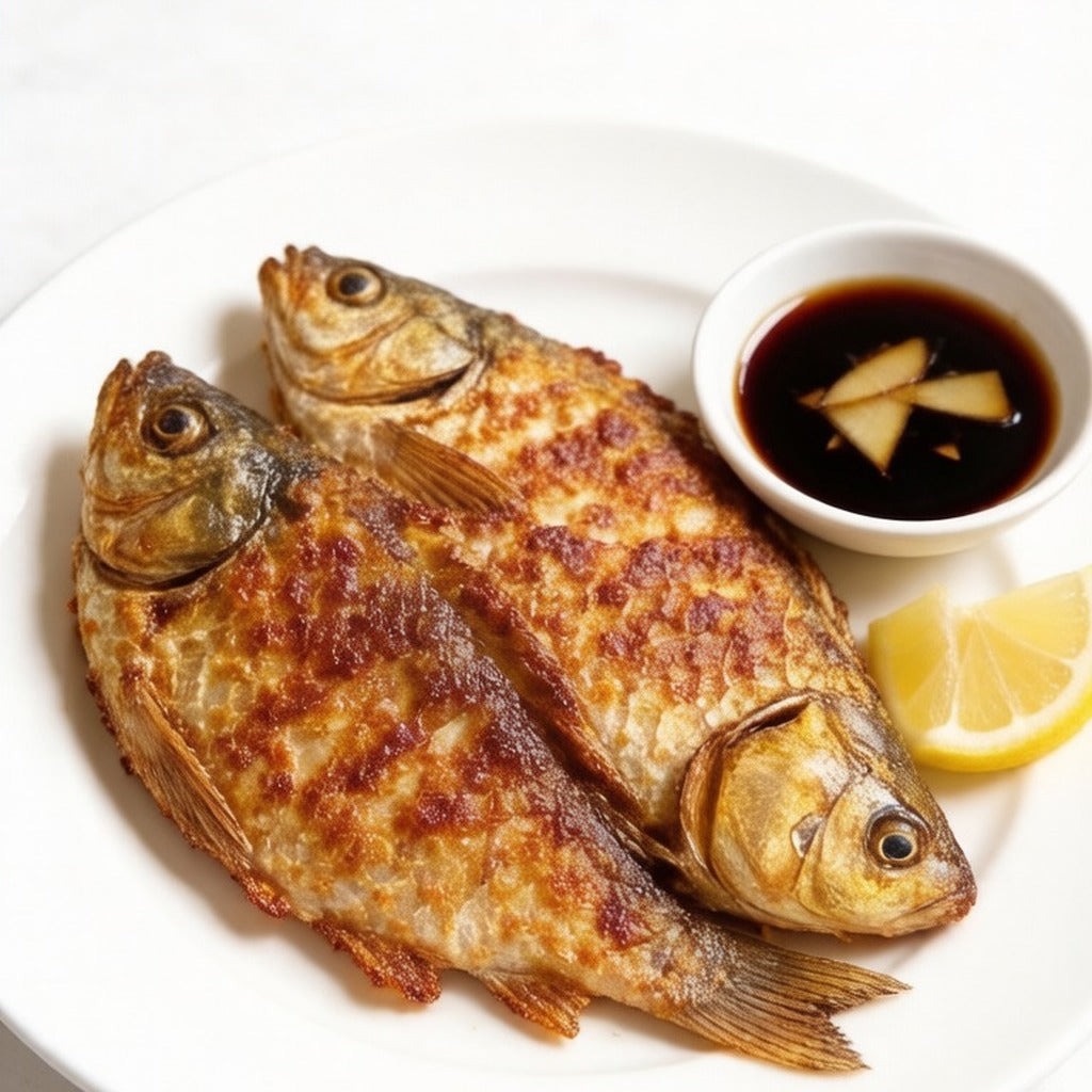 Two pan-fried whole crucian carp beside a bowl of soy dipping sauce and lemon