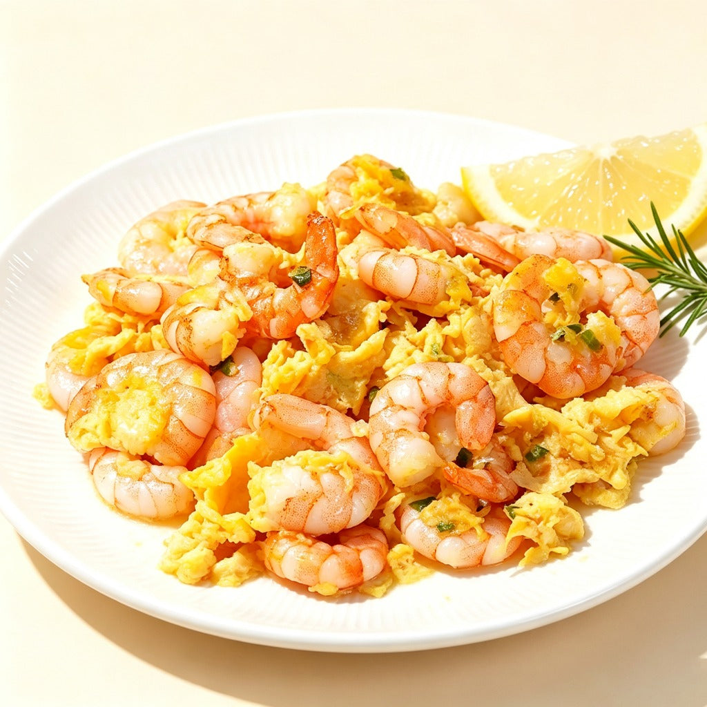 Stir-fried shrimp with egg on a plate garnished with lemon and rosemary