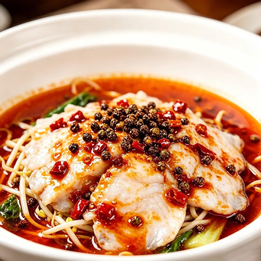 Poached white fish fillets in fiery chilli oil with Sichuan peppercorns and bean sprouts