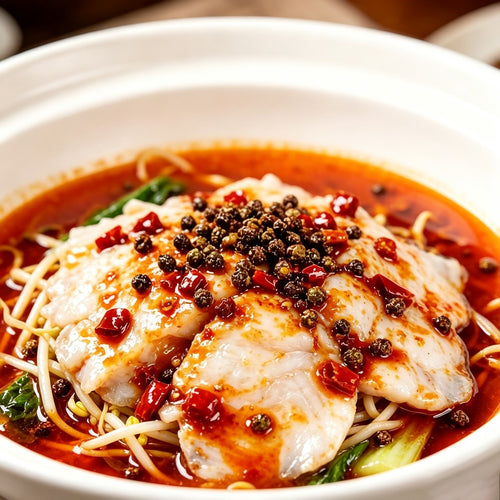 Poached white fish fillets in fiery chilli oil with Sichuan peppercorns and bean sprouts