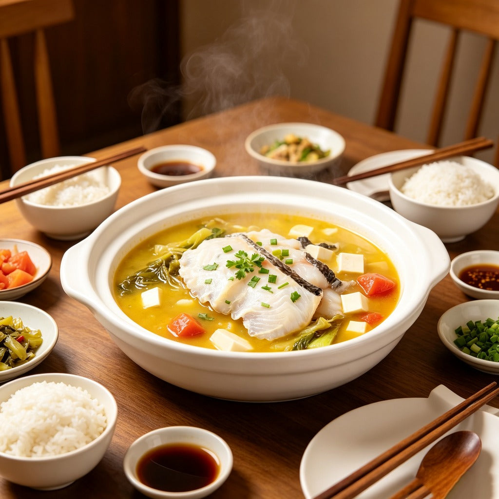 Fish fillets in tomato broth with tofu in a white pot, on a table set with rice bowls