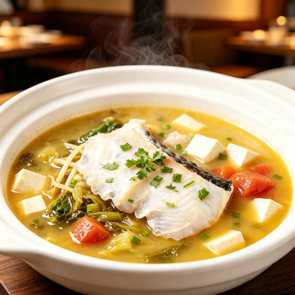 Close-up of a fish fillet in a golden tomato broth with tofu and tomato pieces