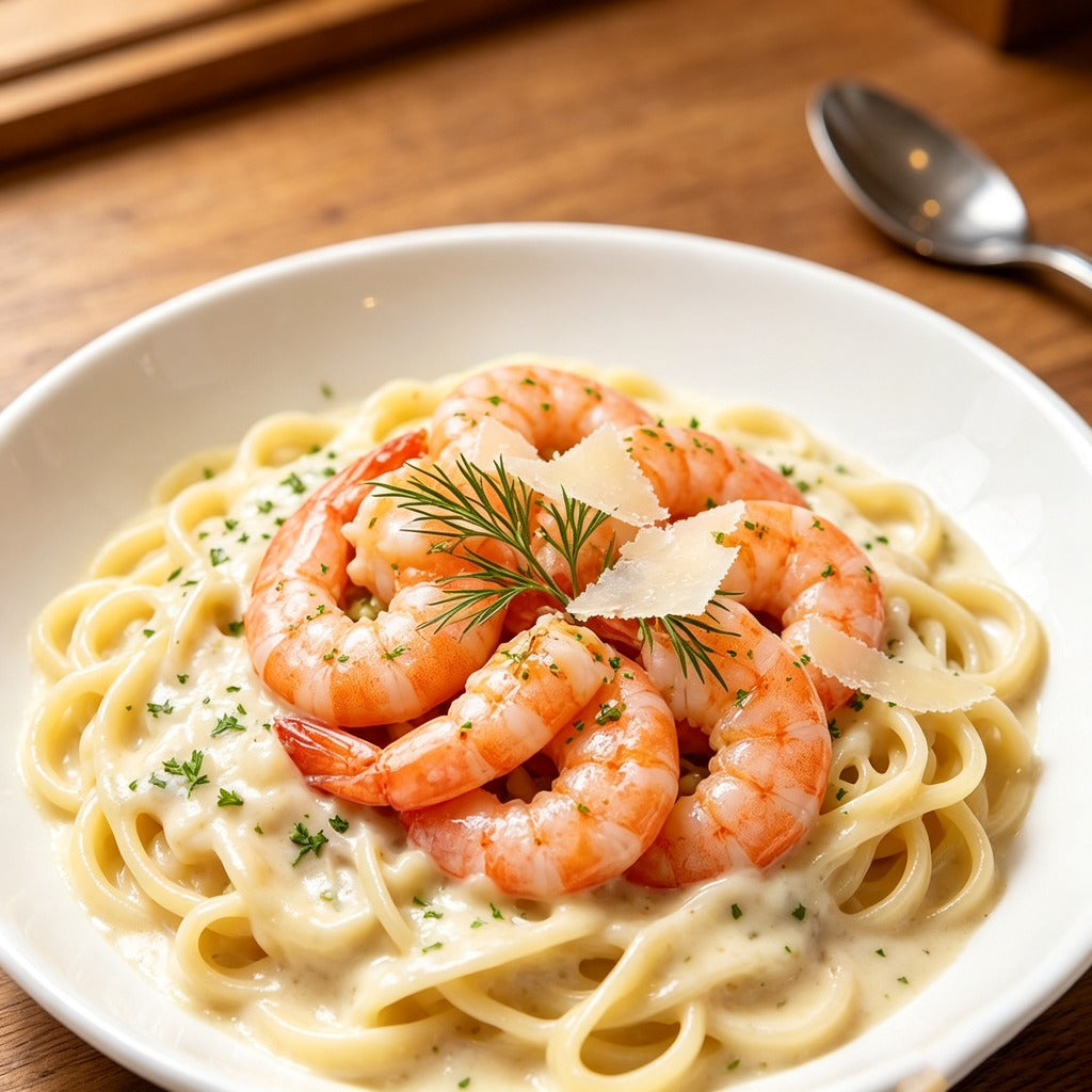 Sweet shrimp on creamy pasta finished with dill and shaved parmesan