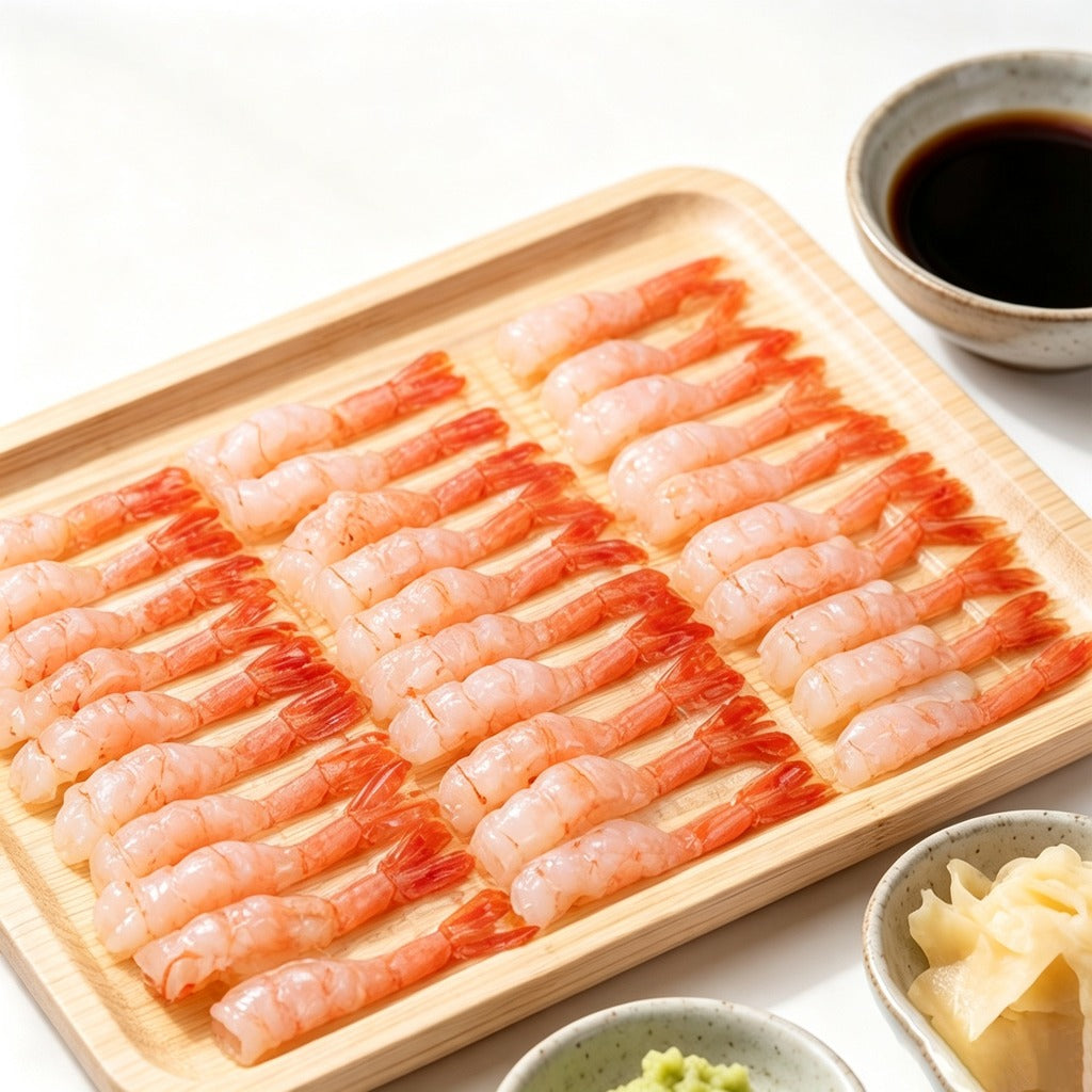 Rows of peeled sweet shrimp with tails on a wooden tray with soy sauce and wasabi