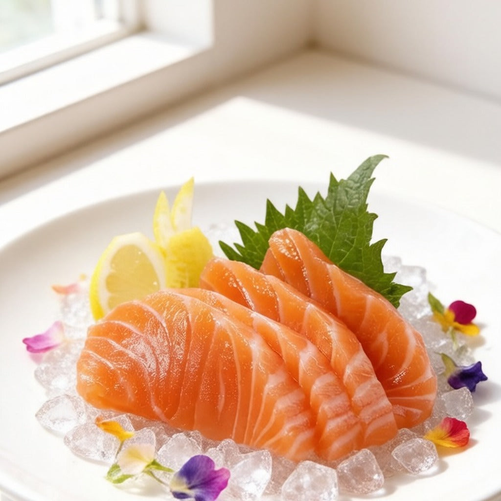 Salmon sashimi slices fanned on crushed ice with a shiso leaf, lemon wedge and edible flowers