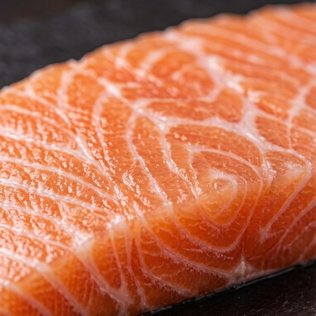 Close-up of a fresh salmon fillet showing fine white marbling through the orange flesh