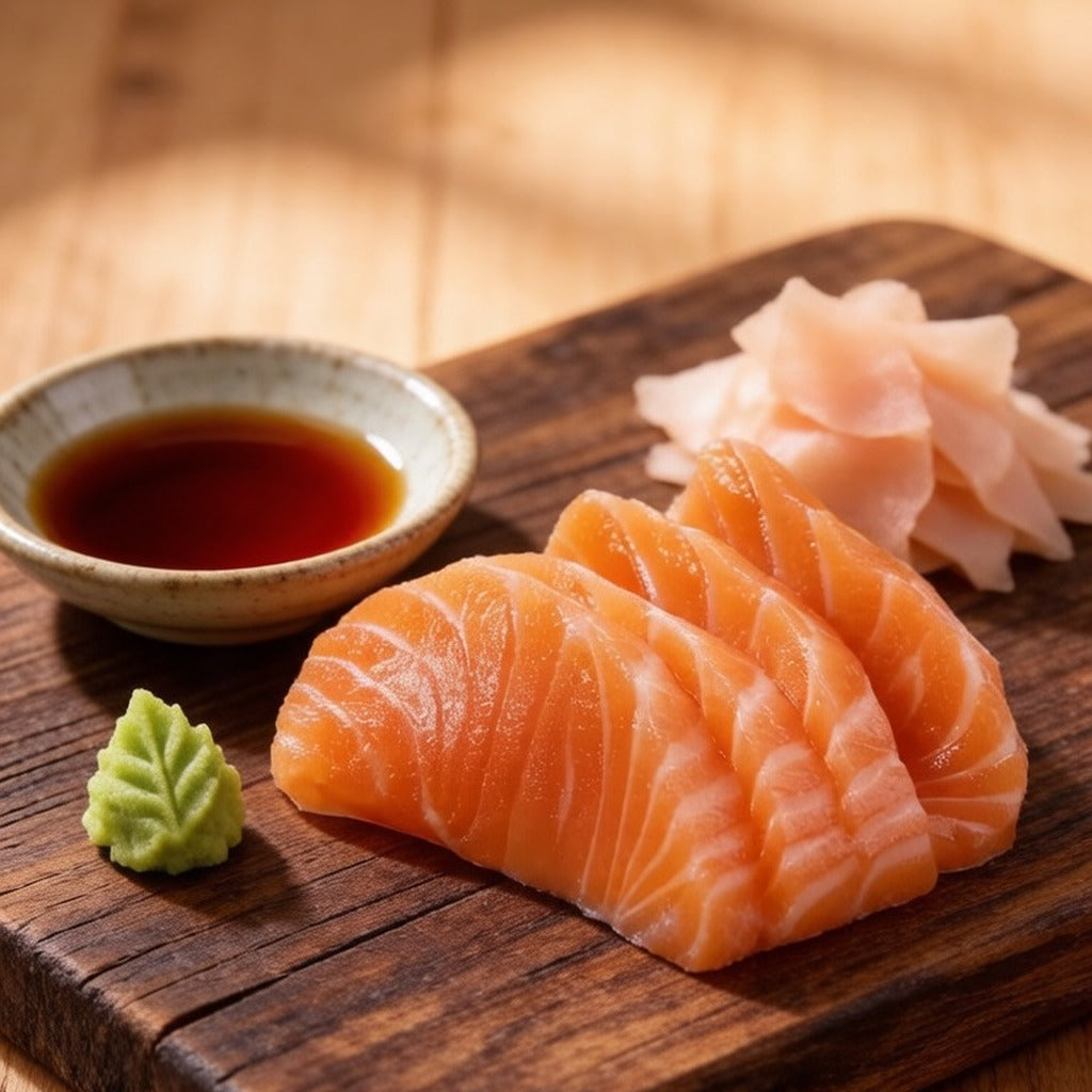 Salmon sashimi slices on a wooden board with soy sauce, wasabi and pickled ginger