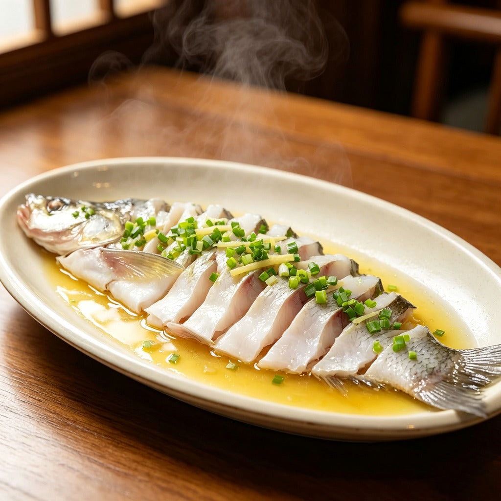 Pre-sliced whole fish steamed in soy sauce and scattered with chopped scallion
