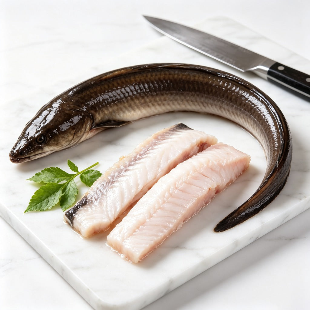 Raw eel and two eel fillet portions on a marble board with a kitchen knife