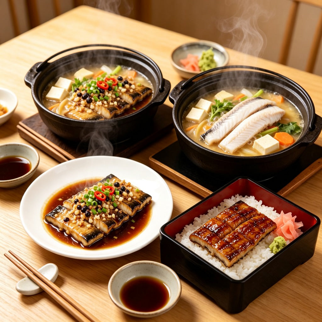 Eel served three ways: simmered in clay pots, glazed in soy and grilled over rice