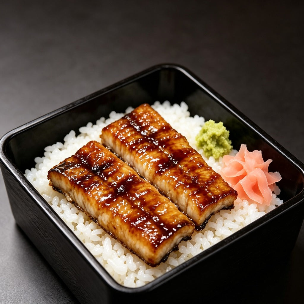 Glazed grilled eel over steamed white rice in a black lacquer box with pickled ginger